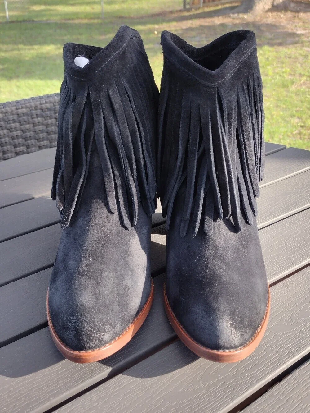 Frye Llana Black Suede Fringe Ankle Boots Western Boho Block Heel